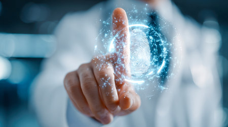 A professional presses a sleek, high-tech fingerprint scanner in a contemporary setting, symbolizing cutting-edge security measures and digital access management.の写真素材
