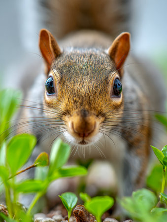 A vivid glimpse into nature's charm, showcasing a small furry creature's inquisitive expression as it observes its surroundings amidst lush foliage.の写真素材
