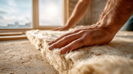 A man carefully arranges soft, eco-friendly wool cushioning on a sunlit floor by a window, promoting green building practices and improving insulation efficiency.の写真素材