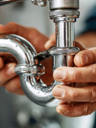 A skilled technician's hands meticulously fix a polished silver pipe beneath a sink, droplets of...