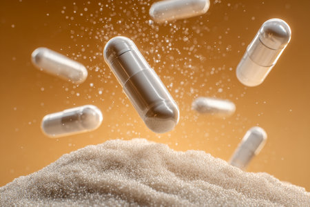 Delicate white capsules disperse tiny particles into a vibrant gradient backdrop, illustrating dynamic supplement release and the essence of health innovation.の写真素材