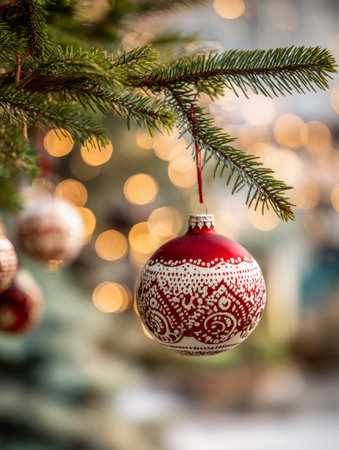 A beautifully detailed holiday bauble in vibrant red and white hues, gently suspended from a pine branch, illuminated by cozy, golden fairy lights.の写真素材