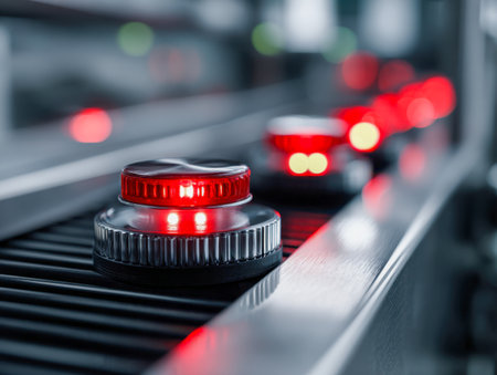Bright crimson buttons arranged precisely on a polished steel surface, set within a cutting-edge control room designed for rapid response and precision operations.の写真素材