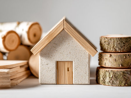 A charming miniature home crafted from organic wood and stone, nestled among logs and planks, evoking rustic warmth and artisanal craftsmanship against a simple backの写真素材