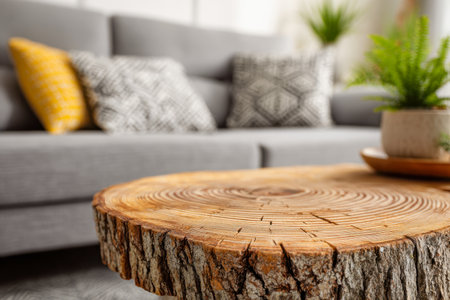 A handcrafted aged wood table featuring irregular bark edges adds warmth to a snug living space, accented by a plush gray sofa and vibrant patterned pillows.の写真素材
