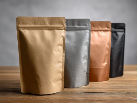 A collection of minimalist, refillable pouches in earthy tones arranged on a natural wooden surface,...