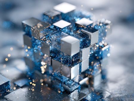 An intricate assembly of reflective metallic and semi-transparent blue blocks creating a sleek, modern formation, accented by shimmering particles against a gentle, out-oの写真素材