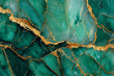A lush green surface adorned with shimmering gold streaks, offering a refined and artistic stone appearance perfect for upscale design and decorative projects.の写真素材