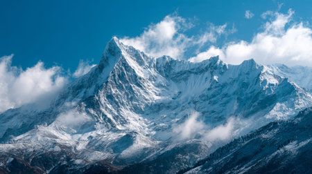 Towering, frost-kissed summits pierce a clear azure sky, their rugged forms embraced by pristine...