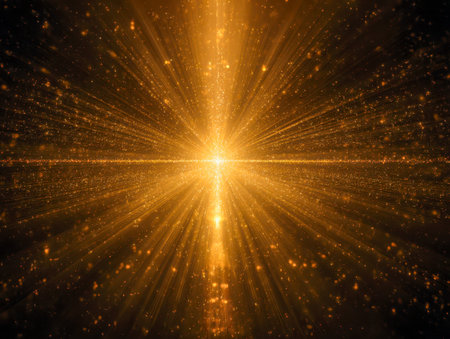 Bright golden rays erupt in a powerful burst, scattering glittering particles to form a luminous cross shape against a dark backdrop.の写真素材