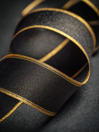 A smoothly flowing black ribbon edged with radiant gold accents undulates elegantly across a rich, textured dark background, evoking opulence and celebratory cheer.の写真素材