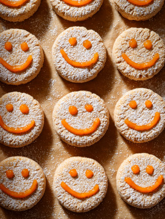 Cheerful orange-faced cookies lined up on parchment, their sugary dusting adding a festive touch, perfect for joyful celebrations or sweet treats.の写真素材