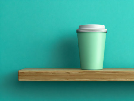 A minimalistic scene featuring an eco-friendly paper cup in mint green with a white lid, resting on a wooden surface beneath a vibrant turquoise backdrop, perfect forの写真素材