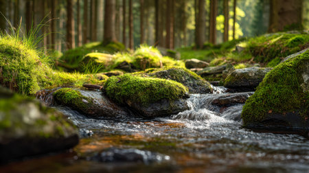 A tranquil woodland scene featuring a softly flowing waterway among emerald foliage, dappled...