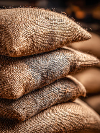 A cozy, earthy scene featuring a mound of rough-textured burlap sacks stacked naturally, basking in warm, inviting light within a rustic storage space.の写真素材