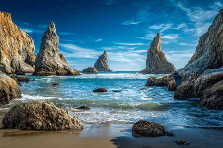 A tranquil shoreline featuring majestic cliffs and soft surf beneath a vivid azure sky, offering a serene retreat for explorers and outdoor enthusiasts.の写真素材