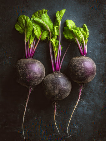 Bold, earthy beets with lush green tops and vivid purple stalks are artfully displayed on a dark, textured background, emphasizing freshness and farm-to-table appealの写真素材