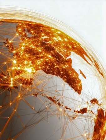 A luminous digital earth highlighting vibrant network links across Europe, the Middle East, and Asia, symbolizing seamless worldwide communication and connectivity.の写真素材