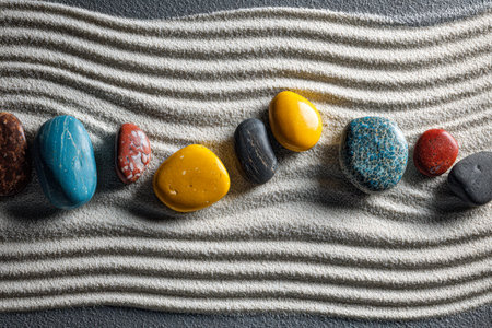 Vibrant, smooth stones line a gentle sway on textured sand, with ripples echoing calm and harmony, evoking tranquility and mindfulness in a peaceful setting.の写真素材