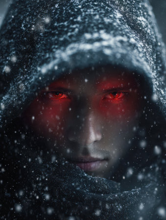 An enigmatic presence shrouded in a frost-laden cloak, piercing crimson gaze cutting through the darkness as icy snowflakes dance in a cold, ominous winter scene.の写真素材