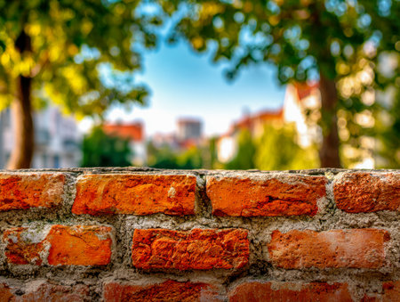 A detailed close-up of weathered red bricks showing their rugged surface, set against a softly blurred park and cityscape on a bright, sunny afternoon.の写真素材