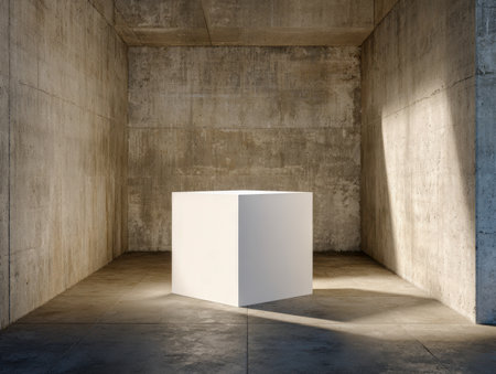 A pristine white volume bathed in daylight, set against rugged concrete walls with dramatic shadows, embodying simplicity and stark modern elegance.の写真素材