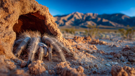 A fierce arachnid claws its way into the bright desert sun, casting shadows on the cracked earth as distant craggy peaks loom under a crisp azure sky.の写真素材