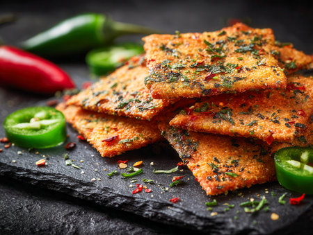 A tempting pile of herb-infused, fiery crackers arranged on a sleek slate platter, perfect for sharing at relaxed get-togethers or casual snacks.の写真素材