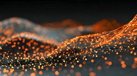 A vibrant digital scene featuring luminous orange particles interconnected by sleek lines, evoking a...
