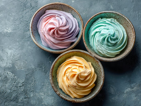 Delicate pastel desserts crowned with airy whipped swirls sit artfully in ceramic bowls, forming a charming triangle on a rough gray backdrop.の写真素材