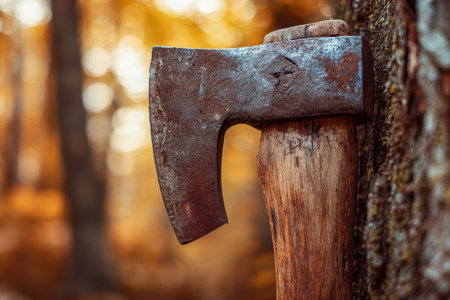 An aged, corrosion-covered ax is lodged into a thick tree, surrounded by a soft-focus forest of warm autumn hues, evoking rustic craftsmanship and outdoor adventureの写真素材