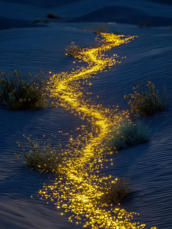 A luminous serpentine streak of shimmering gold particles weaves across rugged desert ripples, dotted with greenery beneath a rich, twilight blue sky.の写真素材