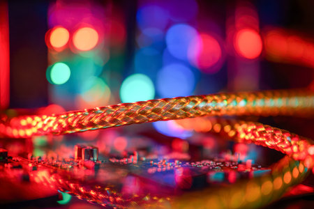 A striking, multicolored braided wire intertwined amid luminous bokeh orbs, set against a sleek, high-tech circuit board backdrop symbolizing cutting-edge innovationの写真素材