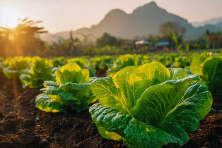 Lush, vibrant lettuce clusters bask in warm sunlight, surrounded by rich soil, with majestic mountains casting a serene glow at dusk over a peaceful farmland scene.の写真素材