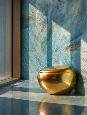 Bright sunlight highlights a stunning gold fixture set against sleek blue marble surfaces, creating elegant shadows and a sophisticated ambiance in contemporary design.の写真素材