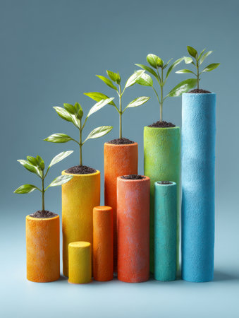 Vibrant, tactile tubes topped with lush green sprouts represent innovation and harmony with nature, set against a gentle blue backdrop evoking calm and hope.の写真素材