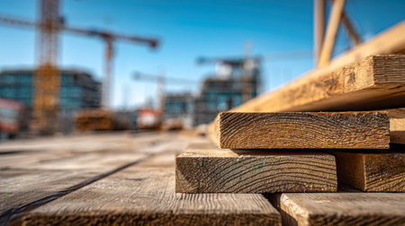A neat pile of timber awaits installation, set against a backdrop of towering cranes and skyline structures under a bright, cloudless sky, capturing a busy constructの写真素材