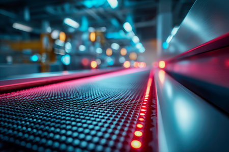 Sleek, high-tech conveyor apparatus illuminated by striking red LEDs, operating seamlessly within a cutting-edge industrial environment that exemplifies innovative pの写真素材