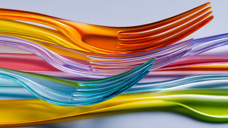 An array of vivid, glossy plastic forks interwoven in a sleek, flowing design against a soft light backdrop, blending modern artistry with playful elegance.の写真素材