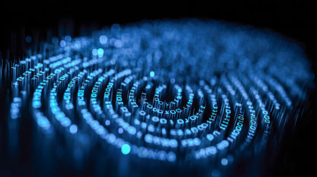 An immersive digital vortex of luminous blue data points curves inward, creating a sense of advanced innovation and limitless technological potential against a darkの写真素材