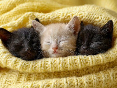 Three tiny kittens, two ebony and one ivory, peacefully rest intertwined within a cozy yellow knitted embrace, emanating warmth and serenity.の写真素材