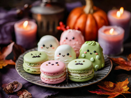 A festive fall display featuring spooky-themed treats, candy-colored candles, dried leaves, and a tiny pumpkin, creating a warm, playful Halloween ambiance.の写真素材