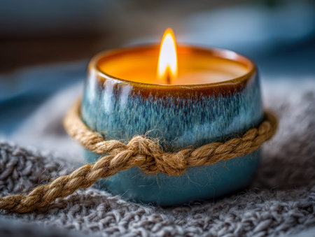Warm candlelight casts gentle shadows on plush gray knit fabric, highlighting a deep orange flame tucked in a vibrant blue ceramic holder with textured rope accents.の写真素材
