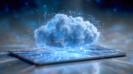A sleek tablet displays a luminous, multi-layered cloud of holographic data streams, illustrating cutting-edge connectivity and next-generation information management.の写真素材