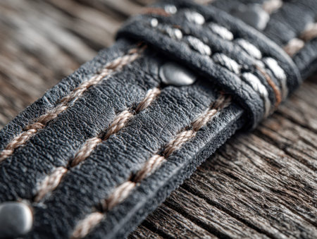 An intricate close-up of a sleek black leather band sewn with contrasting beige threads, accented by...