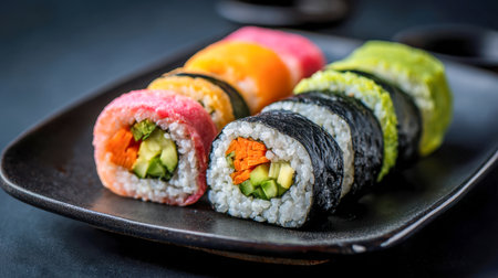 Vibrant vegetable sushi bites with crisp carrots and cool cucumbers artfully displayed on a sleek dark ceramic dish, inspiring a fresh and wholesome dining choice.の写真素材
