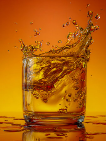 A lively swirl of golden amber liquid erupts in a sleek glass, mirrored on a glossy surface against a soft gradient of warm hues, evoking movement and cozy energy.の写真素材