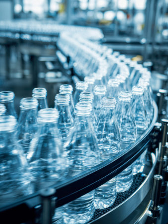 Clear bottles glide smoothly along a sleek, winding conveyor amidst a high-tech industrial setting,...