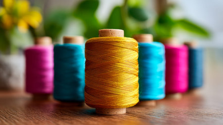 A colorful collection of sewing threads in lively shades of yellow, turquoise, pink, and blue is...