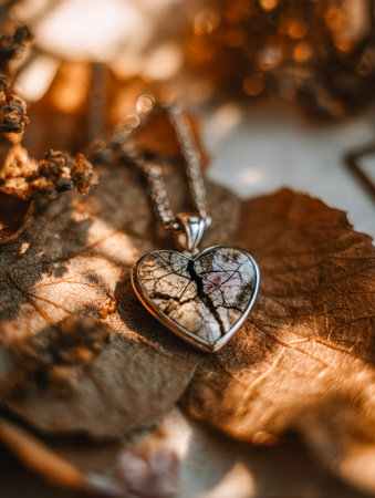 A delicate heart pendant featuring intricate leaf textures lies atop withered autumn foliage, illuminated by gentle sunlight and blurred glowing background.の写真素材